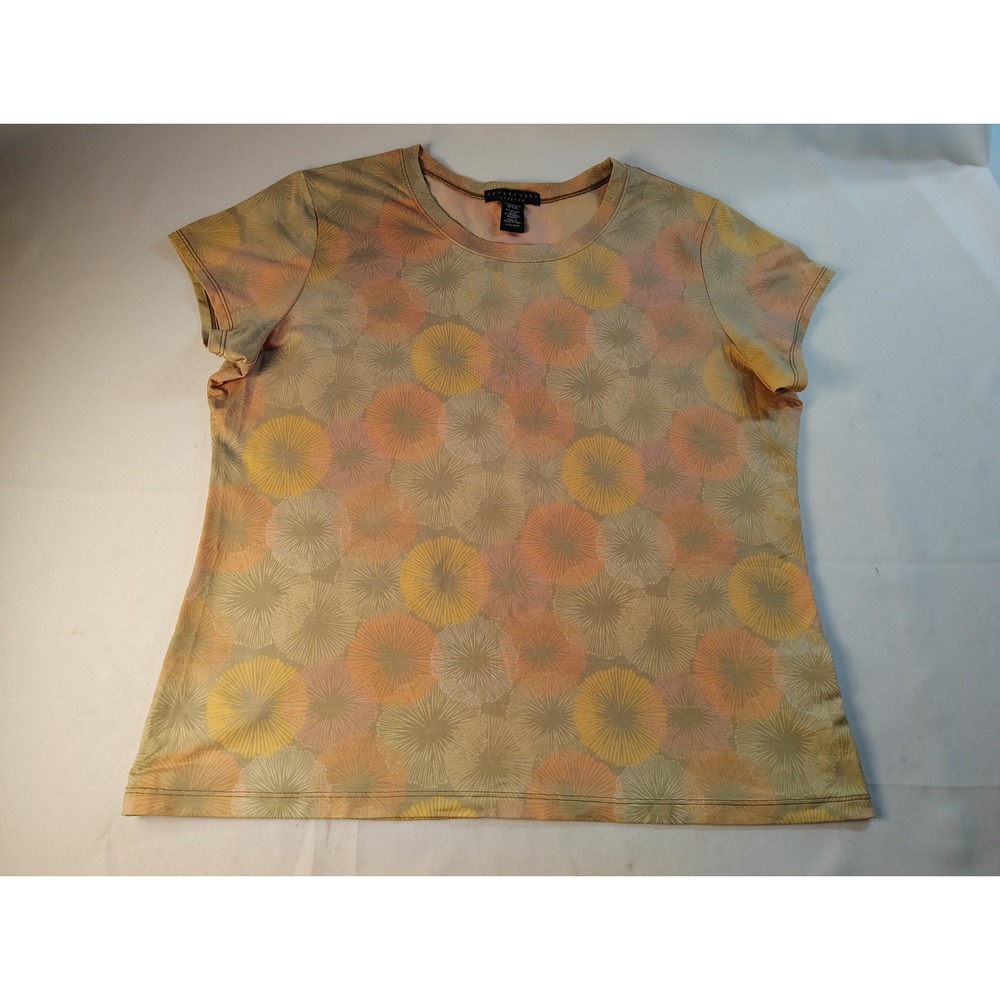 Apostrophe Stretch Womens XL Short Sleeve Floral Sunburst Print Top Orange Green
